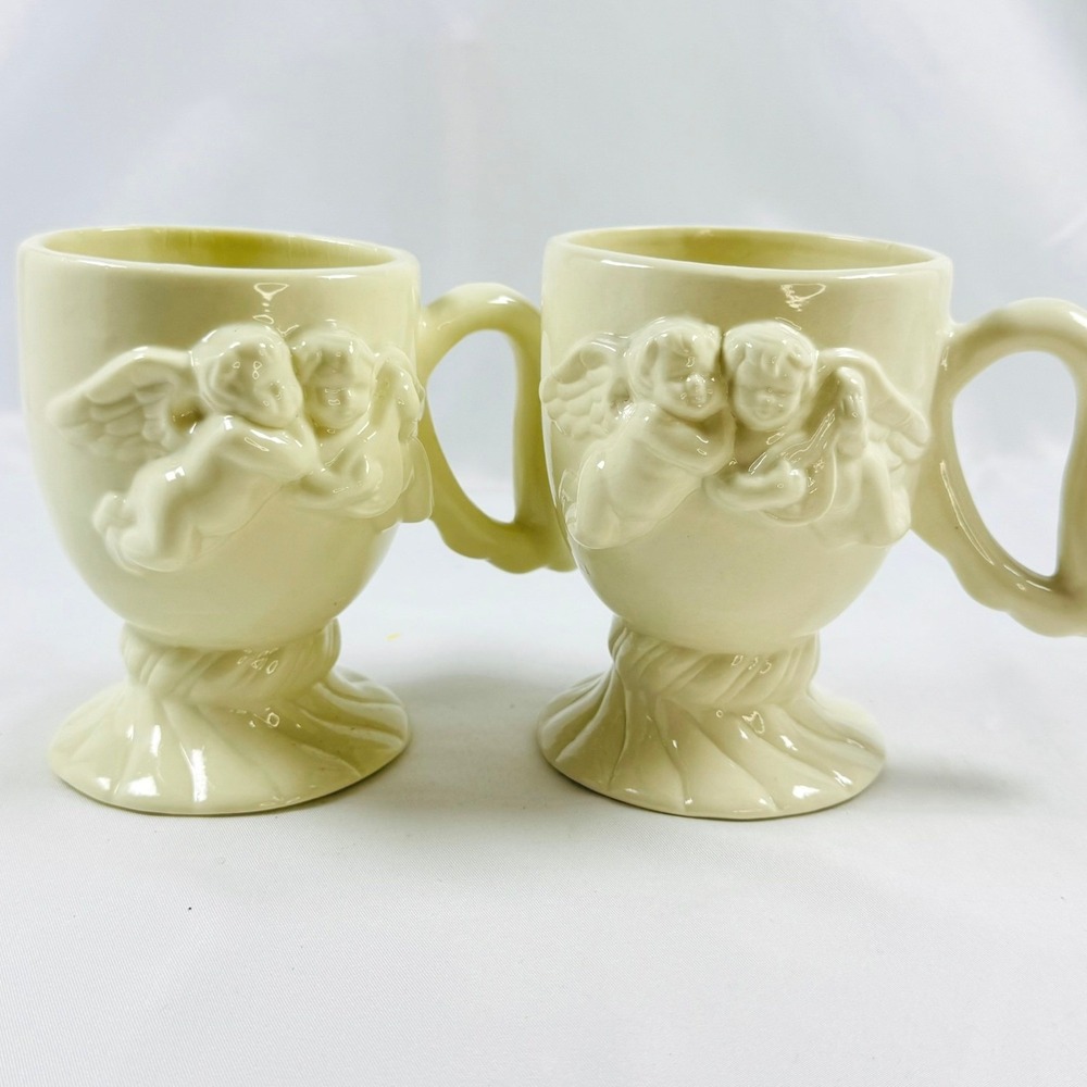 Cute Cream Ceramic Cherub Pots Angel Wing Handle Pedestal 2 pc Shabby Chic NICE